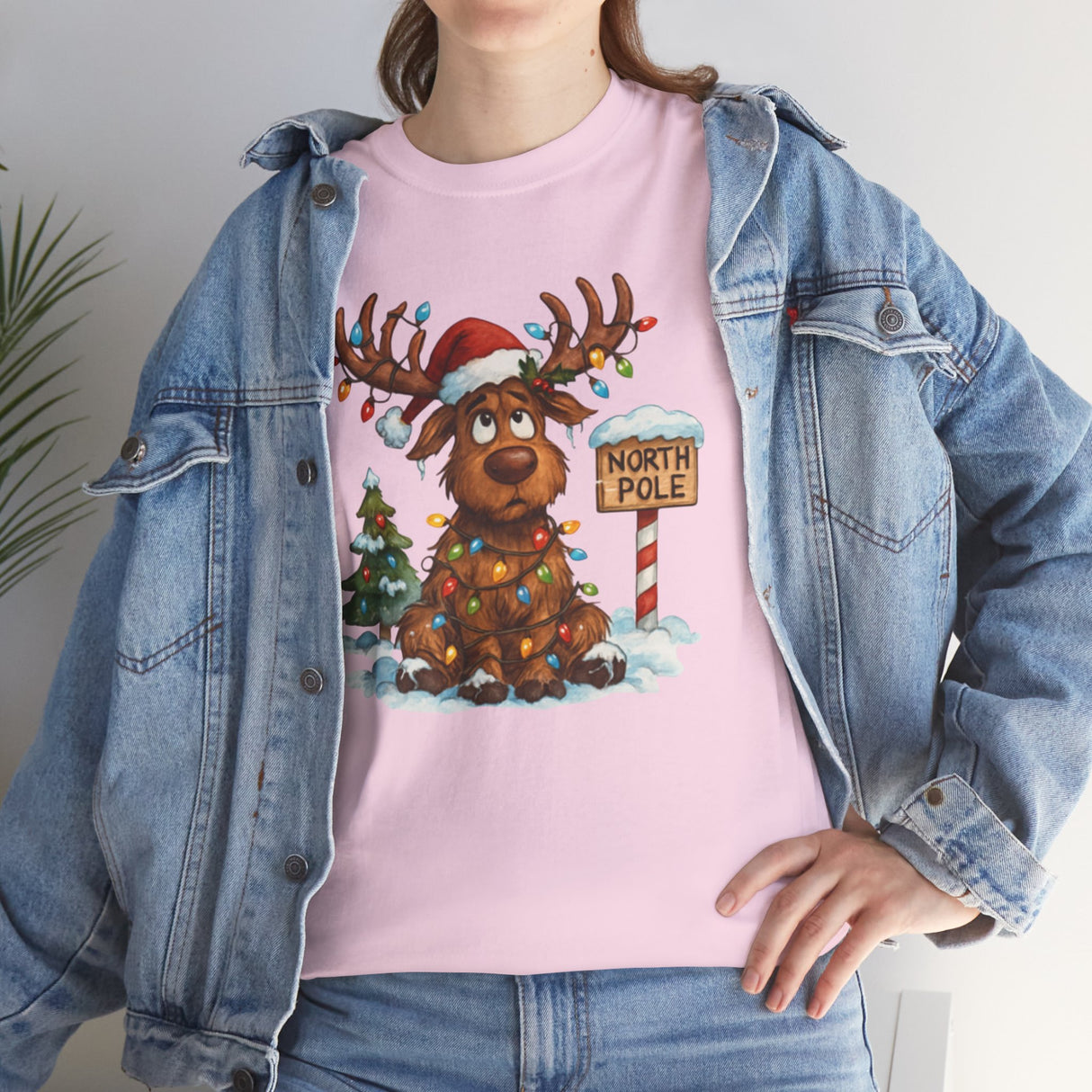 Fun holiday theme represented in the Christmas Reindeer Tee with reindeers and lights.