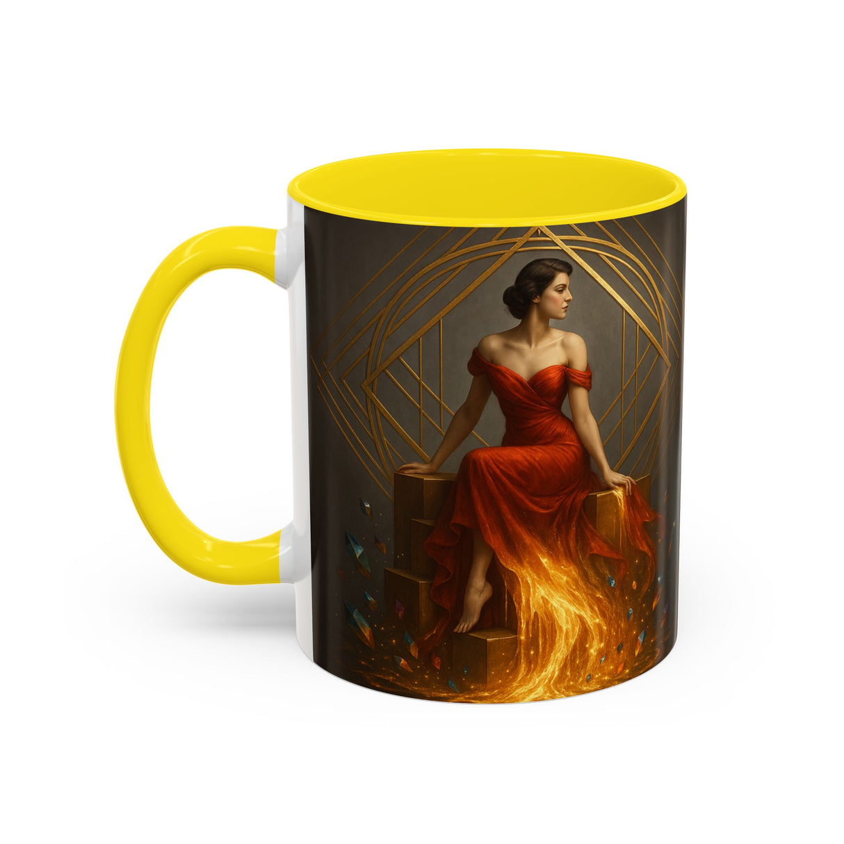 Fiery Goddess Accent Coffee Mug next to a sketchbook, ideal for artistic inspiration.