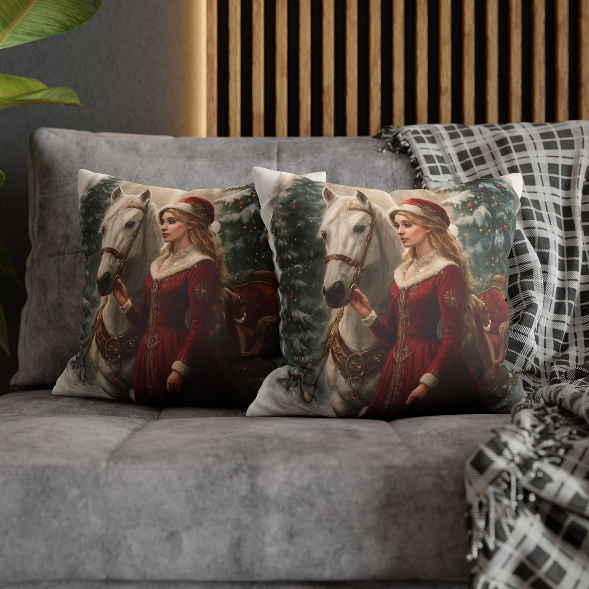 Cozy double-sided Christmas Horse Pillowcase with a painterly design of a woman in a red coat and white horse, ideal for festive gatherings.