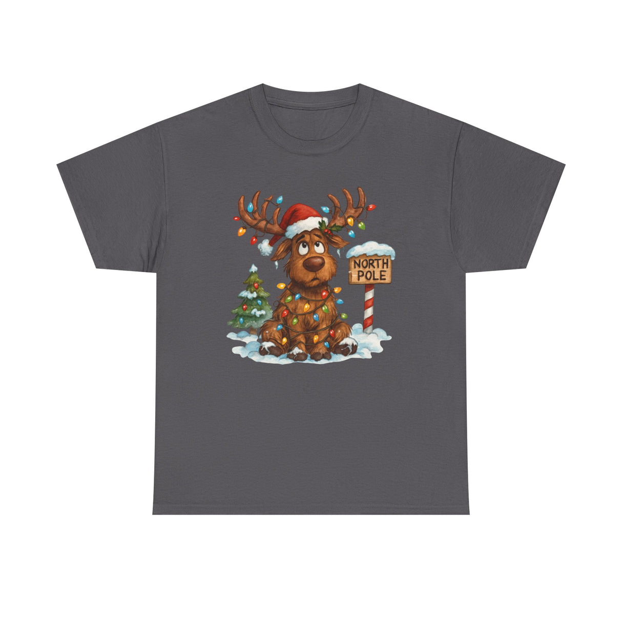 Close-up of the cute Santa Hat Moose on the Christmas Reindeer Tee, wrapped in holiday lights and surrounded by a snowy scene.