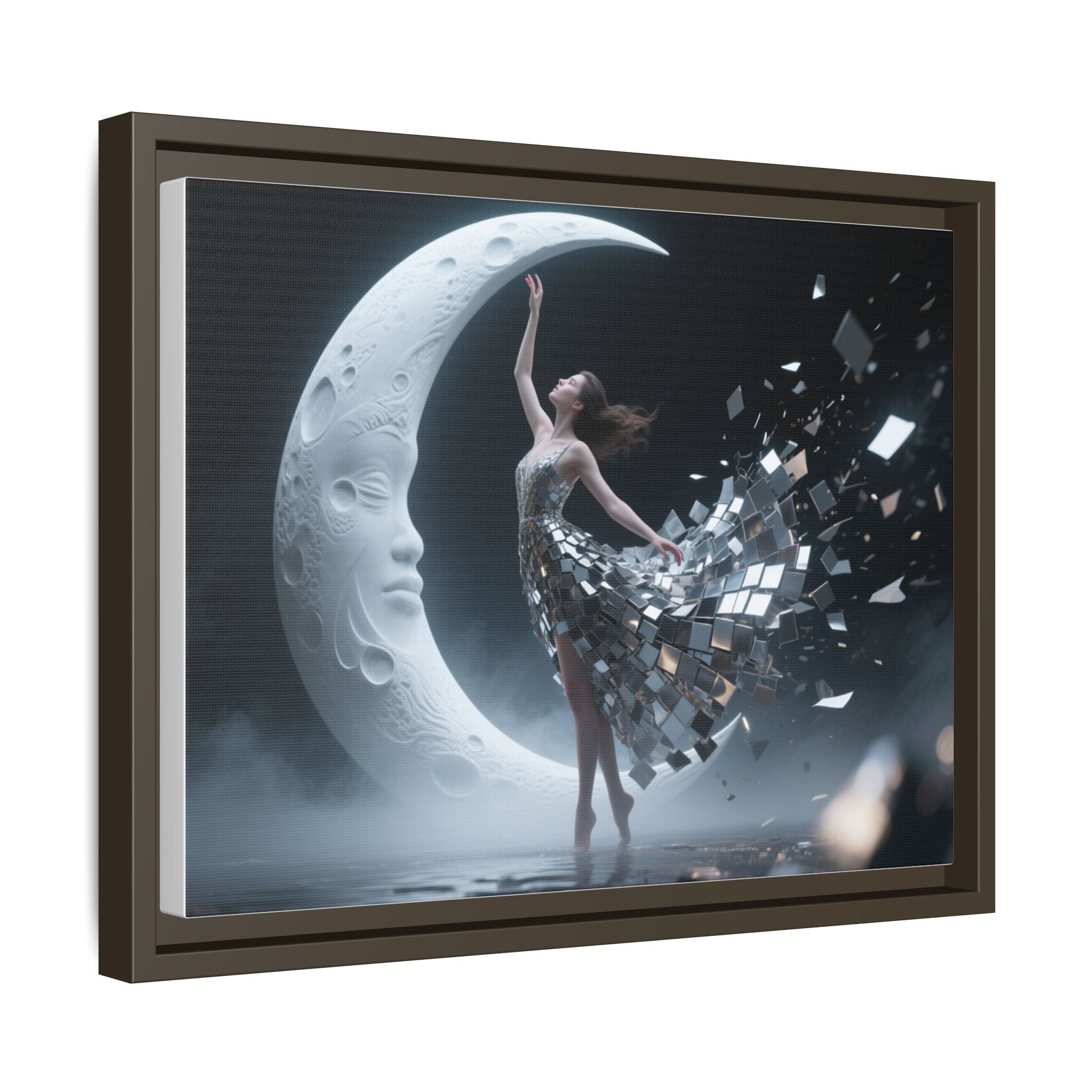 Framed Matte Canvas Art — Dancer & Moon Surreal Wall Decor capturing the delicate moment of a dancer in the moonlight.