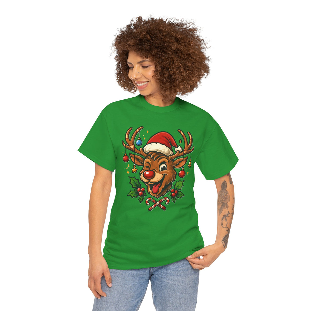 Casual look with the Christmas Reindeer Tee, featuring a cheerful reindeer in a Santa hat for holiday fun.