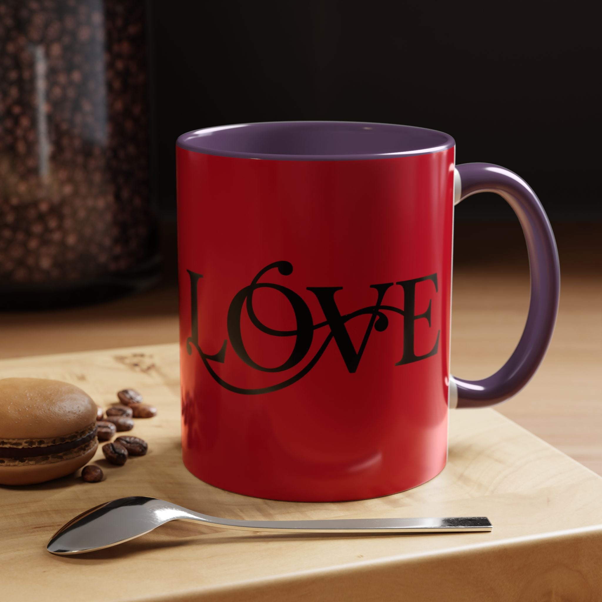 Love Script Accent Coffee Mug — Red & Black Romantic Ceramic Coffee Cup (11oz)