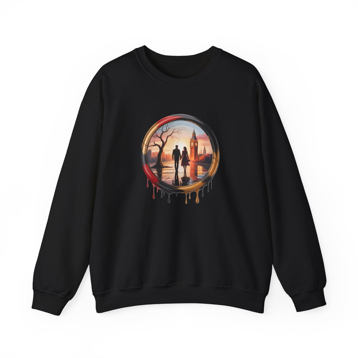 Person lounging in Crewneck Sweatshirt with Sunset Couple Silhouette in Dripping Circle, illustrating casual comfort at home.