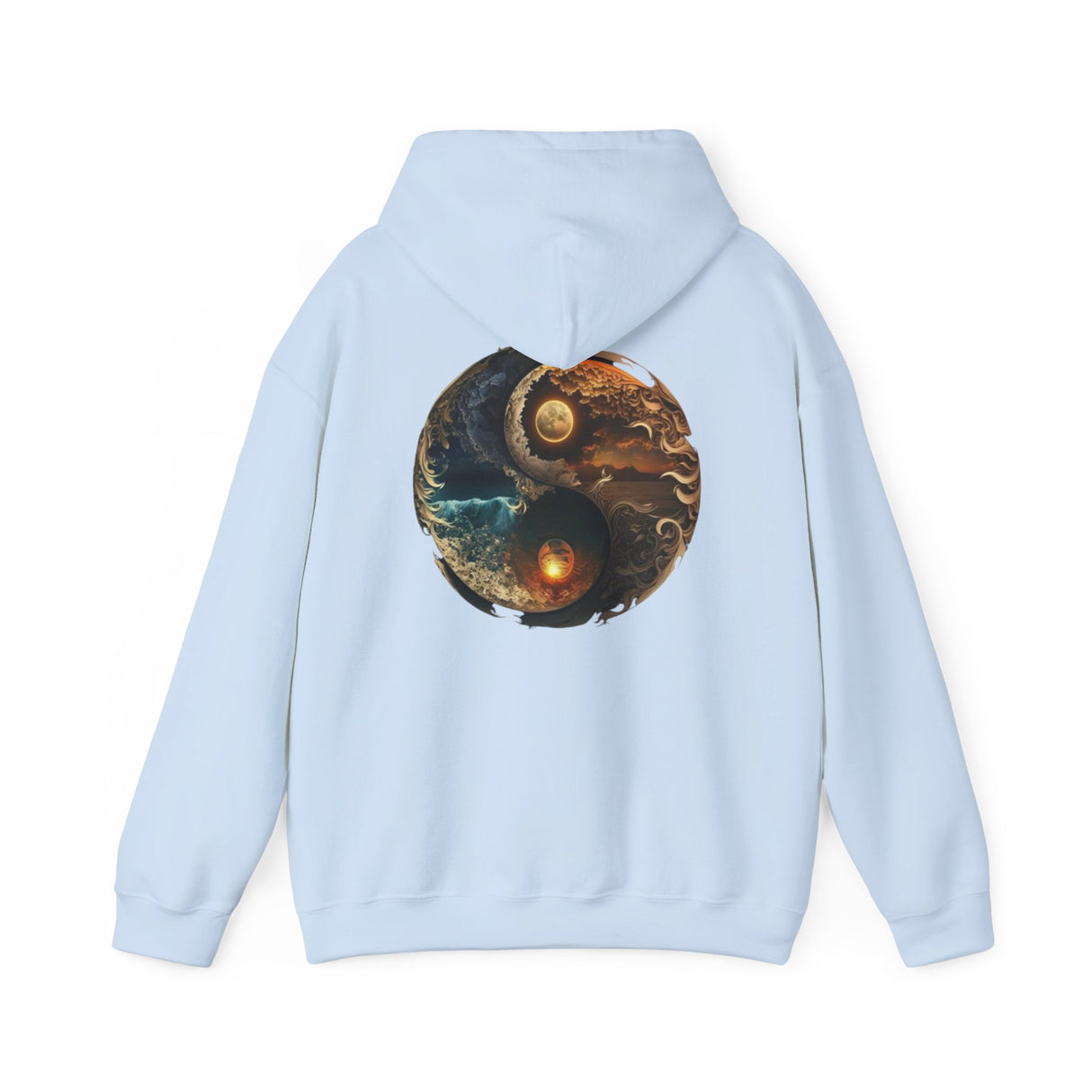 Yin Yang Moon & Sun Hoodie displayed in natural light to highlight its elemental graphic design.