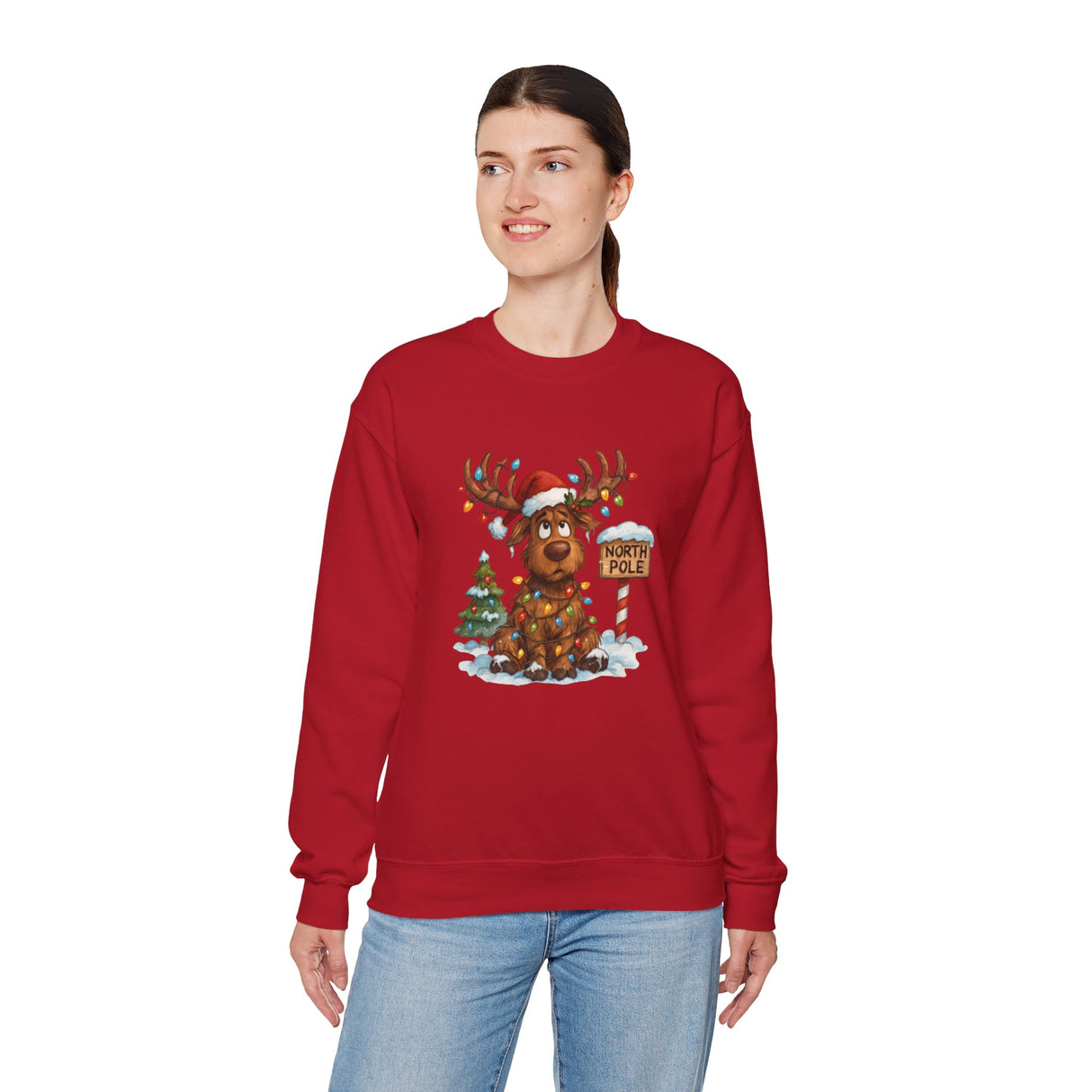 Christmas Moose Crewneck Sweatshirt for women featuring fun holiday art with a cheerful reindeer.