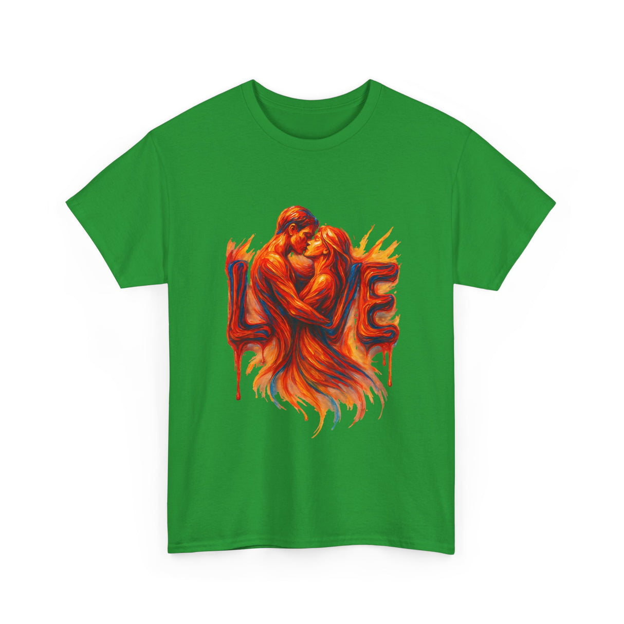 Model showcasing the Love Flames Graphic Tee — Fiery Embrace Romantic Couple T-Shirt while out and about in the city.