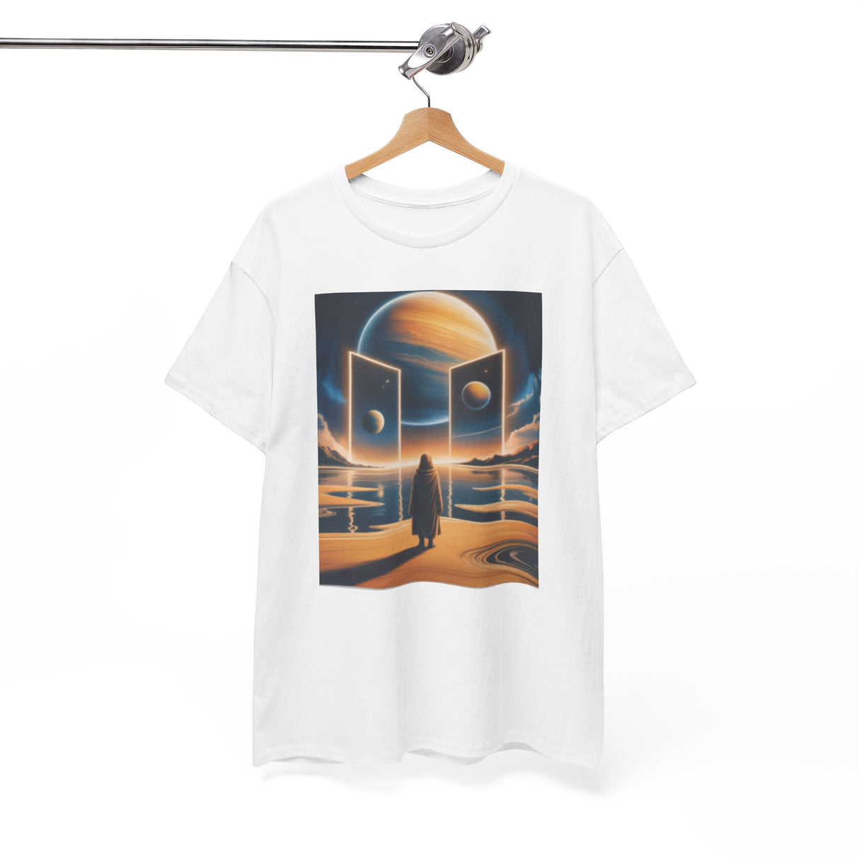 Person admiring the artwork on the Cosmic Gateway T-Shirt in an urban setting.