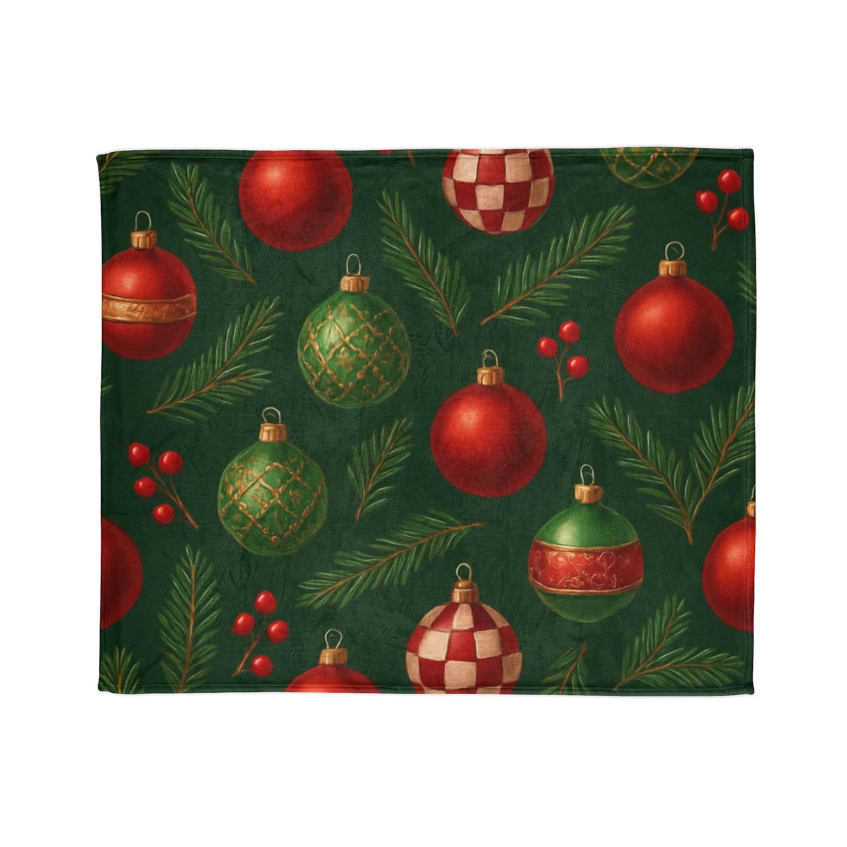 Soft and plush Christmas Ornament Throw Blanket in vibrant red and green, ideal for wrapping up during winter evenings.