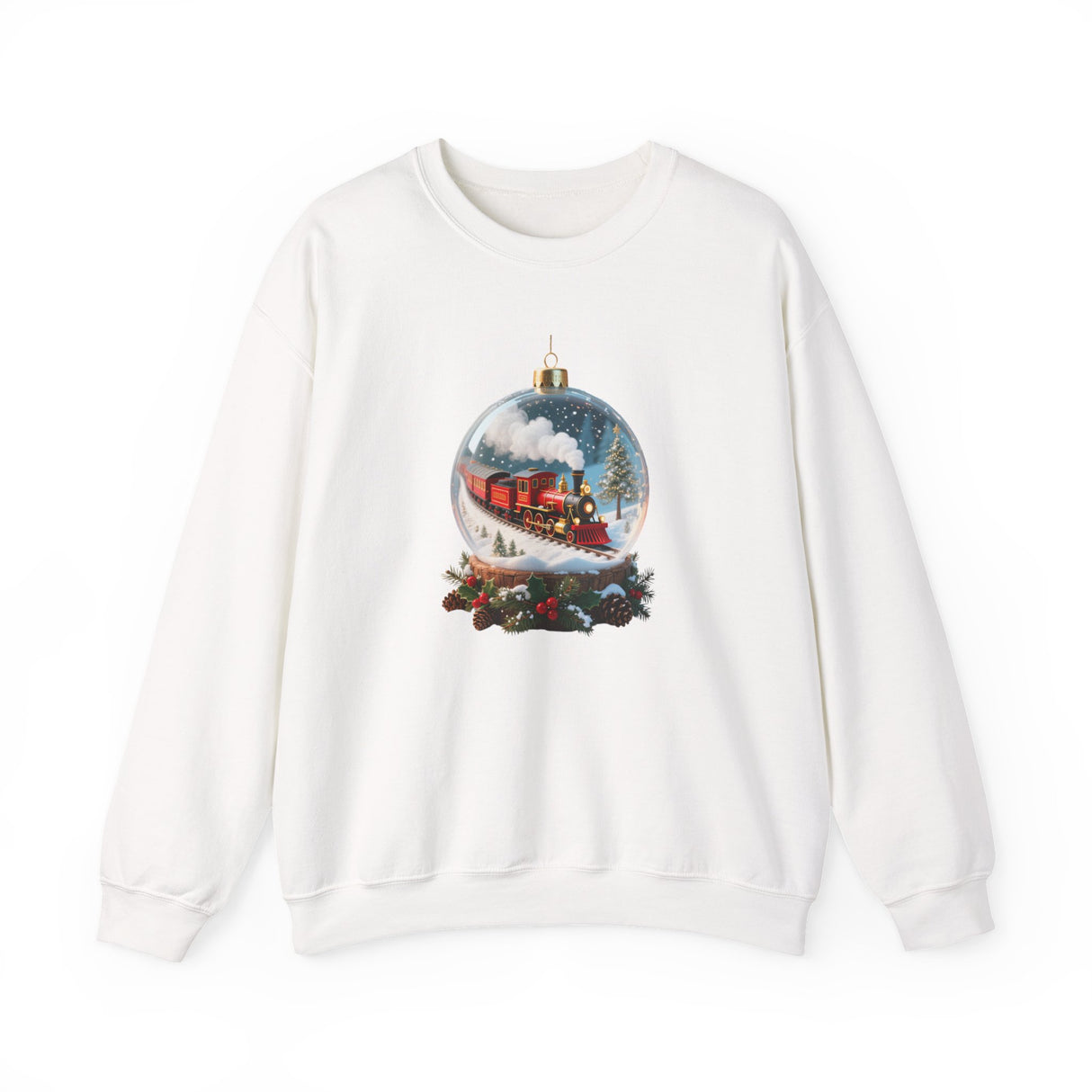 Detailed view of the Christmas Train Snow Globe Sweatshirt's stitching and print, showcasing quality craftsmanship for winter wear.