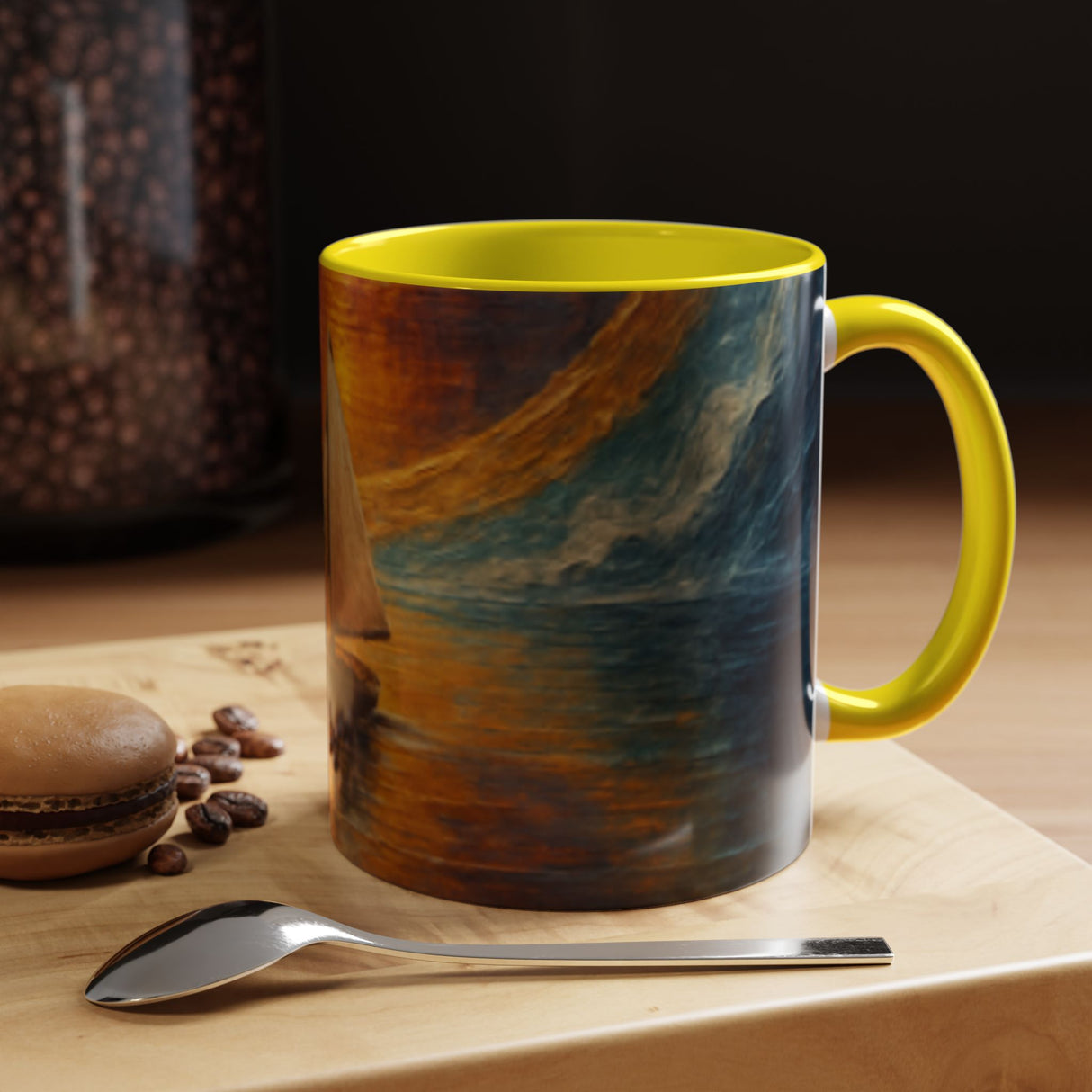 Stylish setup showcasing the Sail into the Sun Ceramic Coffee Mug alongside a scenic ocean view.
