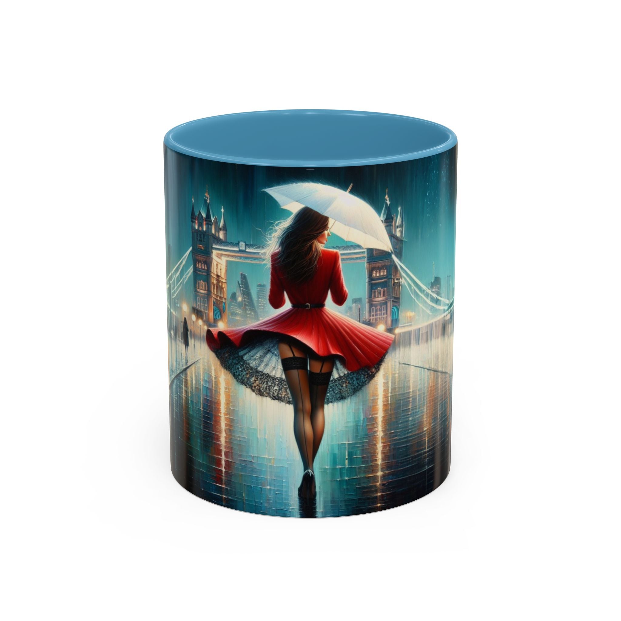 Lifestyle shot of the Glamorous Cityscape Coffee Mug filled with hot beverage, enhancing your morning routine.