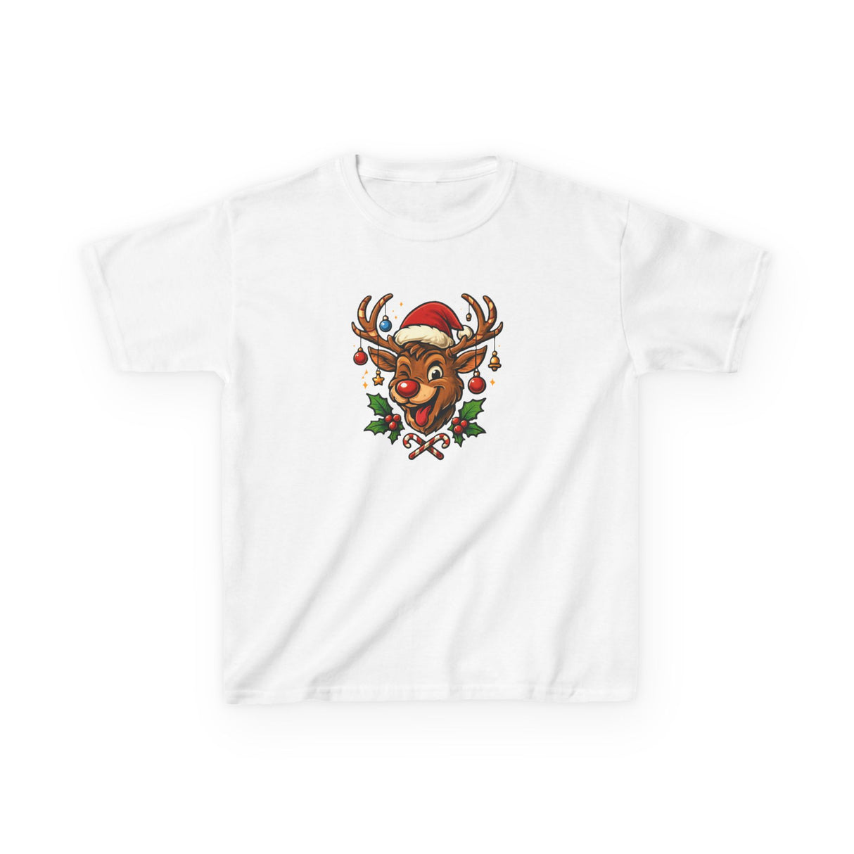 Kids Christmas Reindeer Tee — Cute Santa Hat Rudolph Holiday Shirt featured in a playful, sunny atmosphere with kids playing.