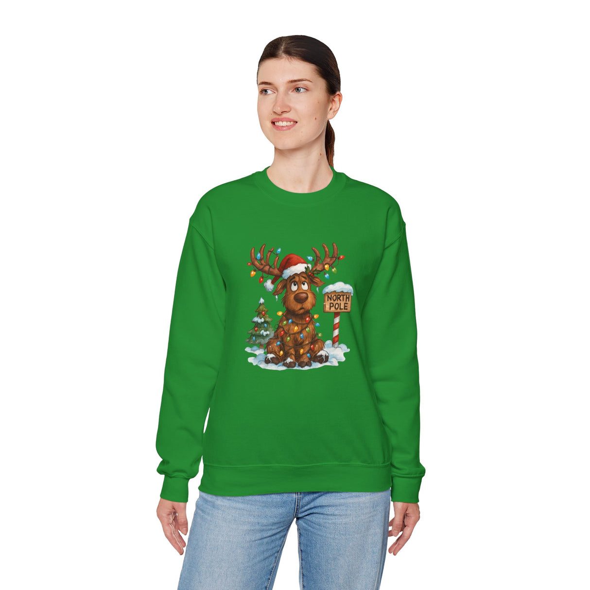 Cozy winter-style Christmas Moose Crewneck Sweatshirt with a playful Christmas theme.