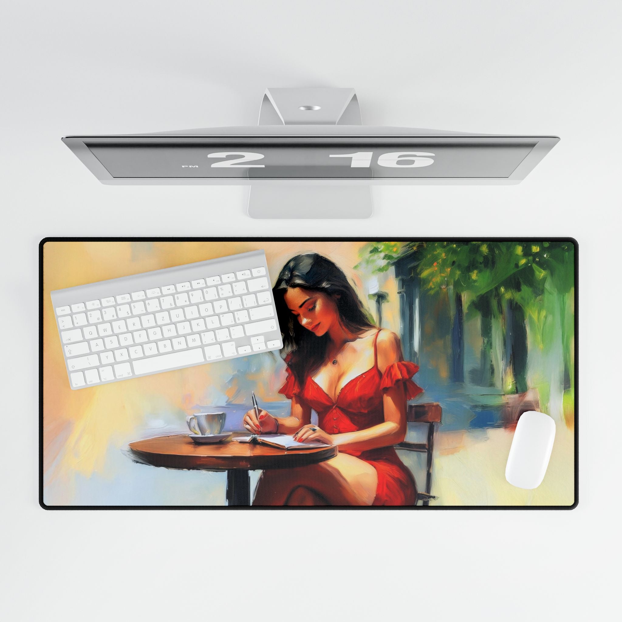 Detailed look at the Elegant Café Scene Desk Mat, emphasizing smooth surface and rubber base for stability during use.