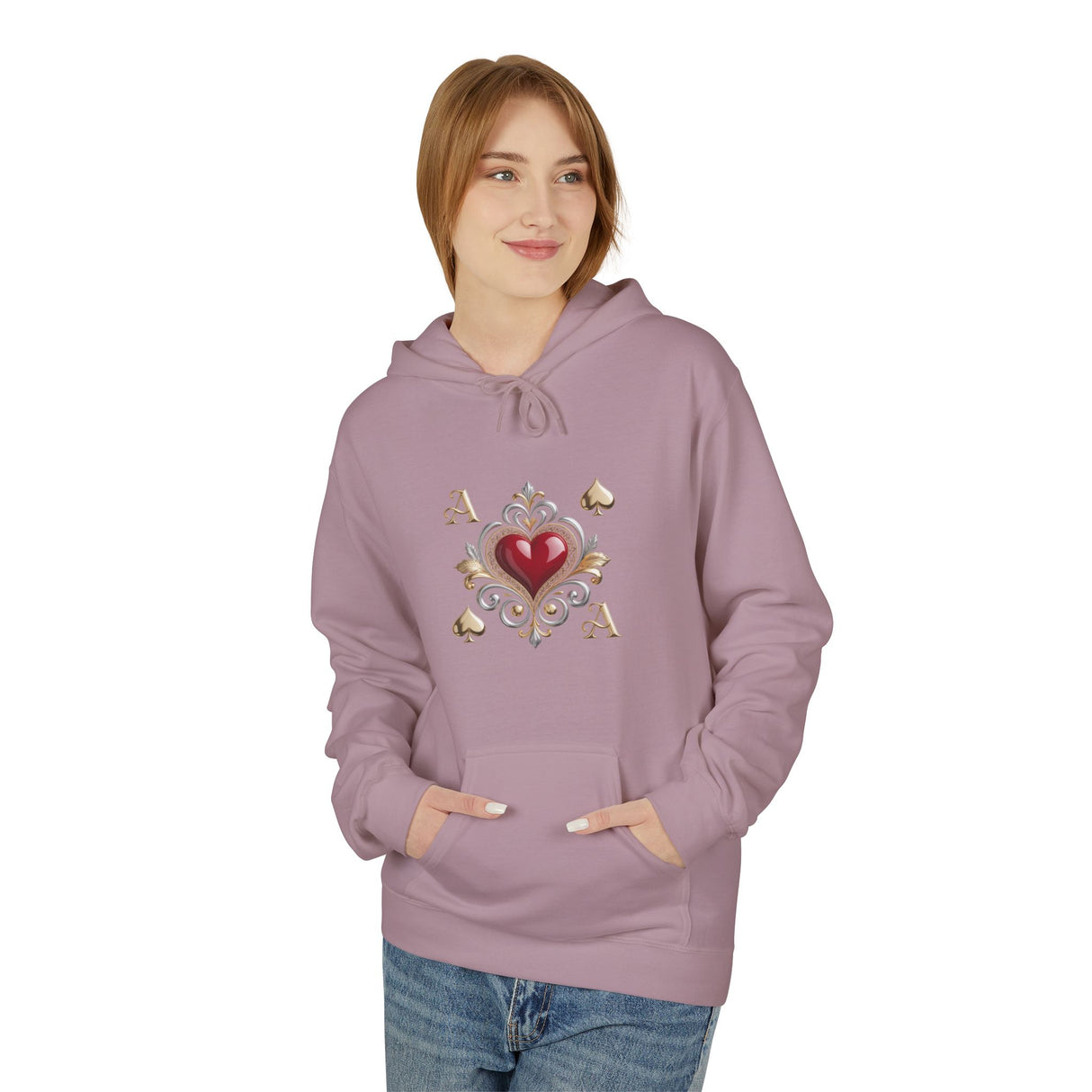 Detailed image of the Ace of Hearts Decorative Hoodie emblem, featuring ornate playing card designs.