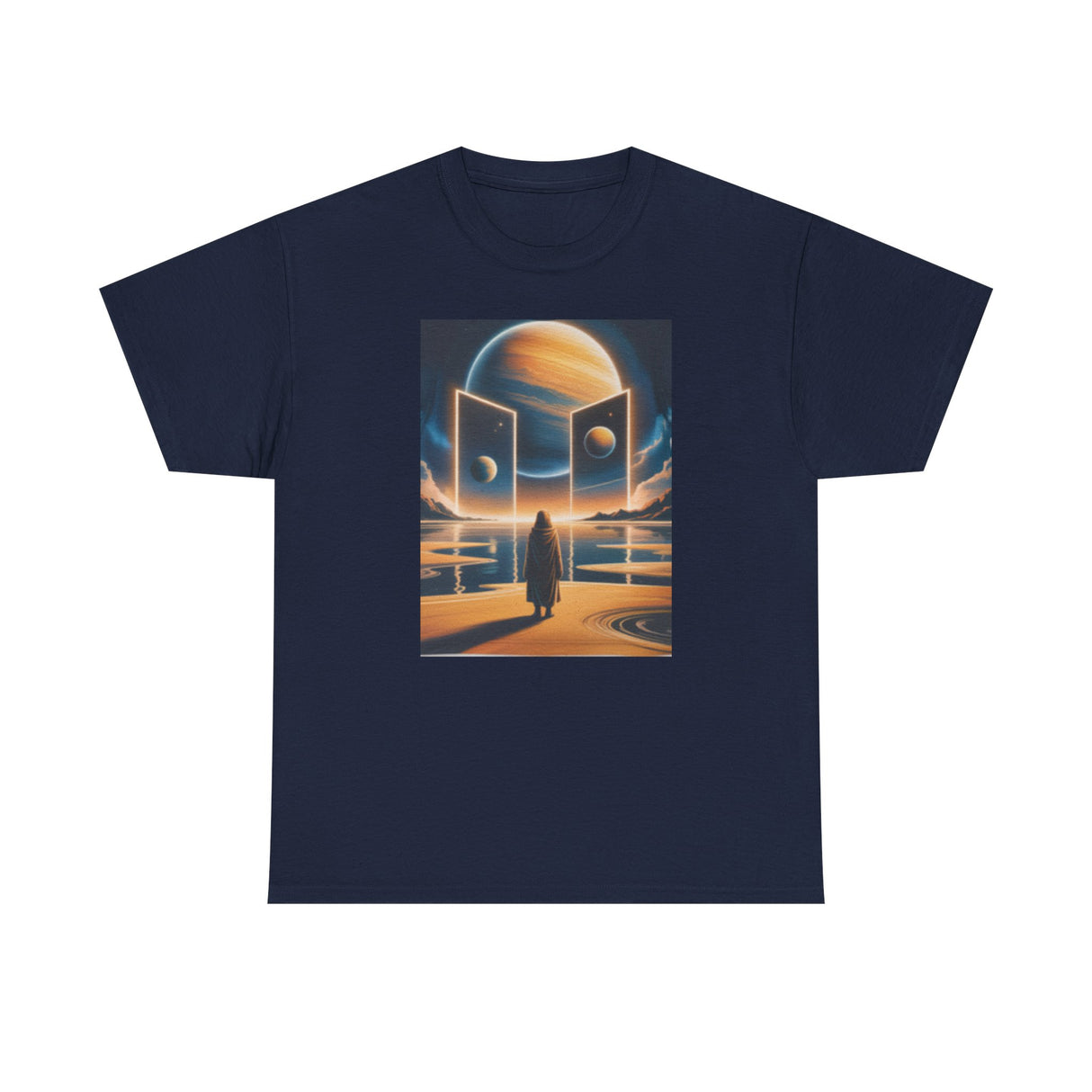 T-Shirt — Cosmic Portal Nightscape Graphic Tee displayed on a hanger, emphasizing the classic crew neckline.