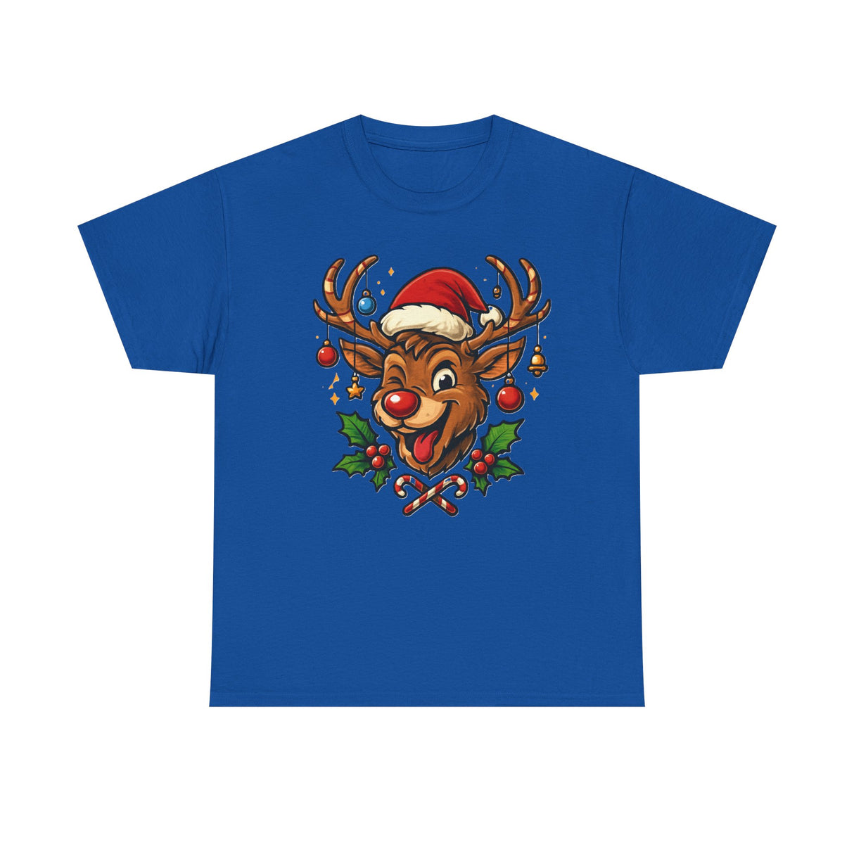 Lifestyle shot of a person wearing the Christmas Reindeer Tee, spreading holiday cheer with Rudolph's adorable face.