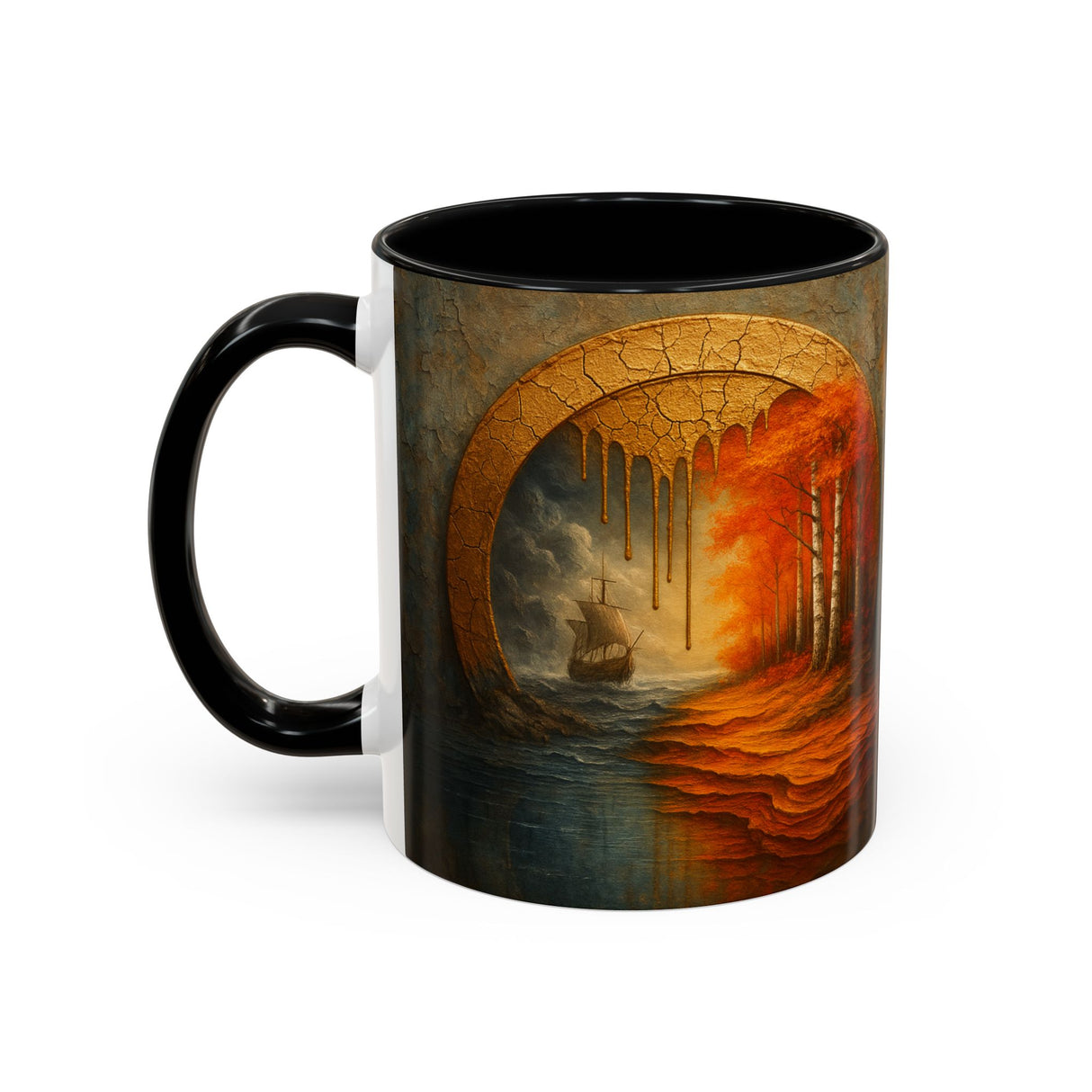 Autumn Portal Coffee Mug held in hands, illustrating its perfect size for sipping.