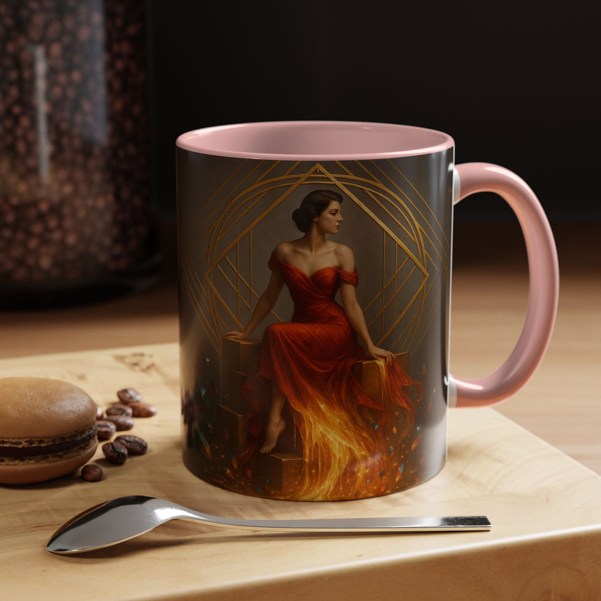 Side view of the Fiery Goddess Accent Coffee Mug highlighting the elegant design and C-shaped handle.
