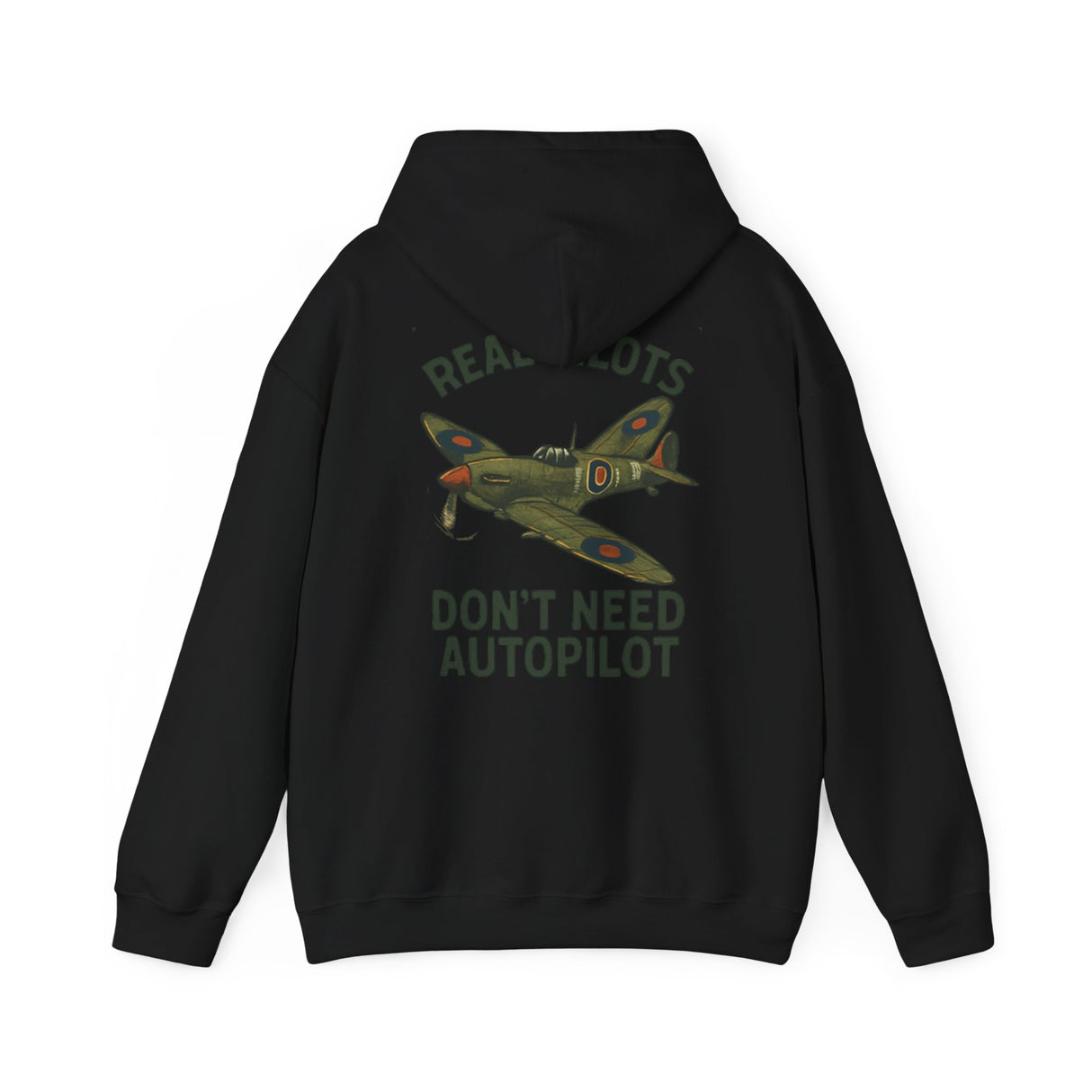 Model wearing the Pilot Hoodie – 'Real Pilots Don't Need Autopilot' Vintage WWII Plane Sweatshirt outdoors against a scenic backdrop.