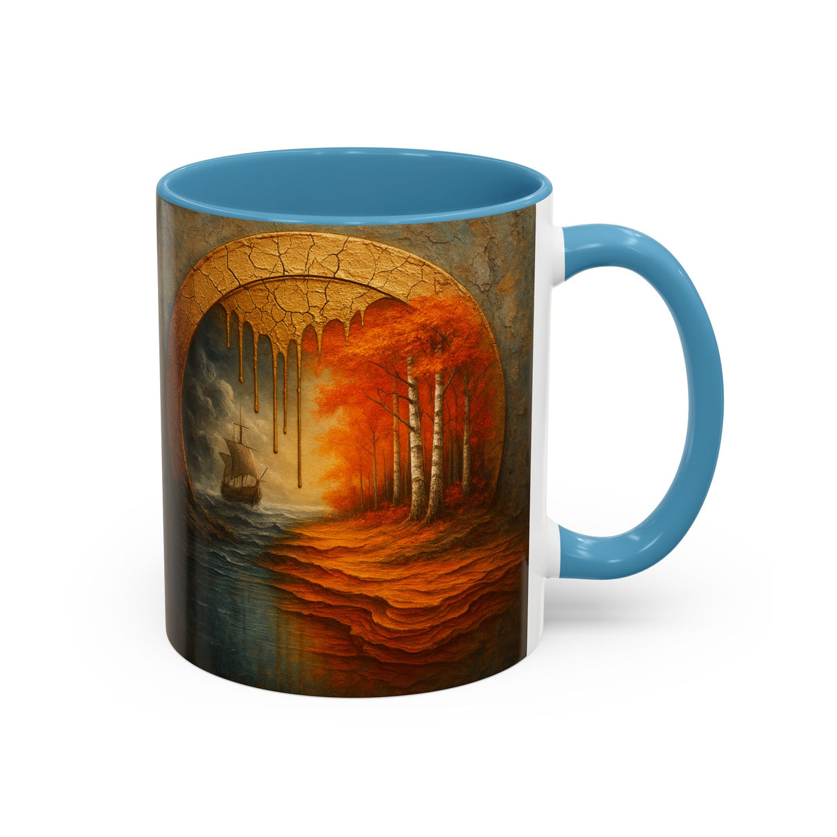 Autumn Portal Coffee Mug highlighted against a backdrop of fall foliage.