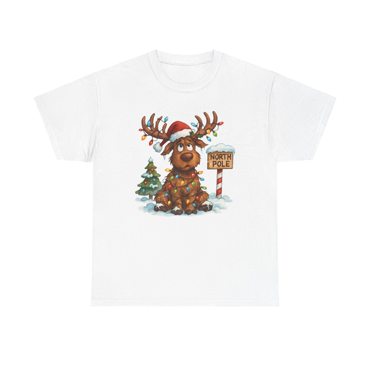 Front view of the Christmas Reindeer Tee showcasing a playful moose in a Santa hat, perfect for holiday cheer.