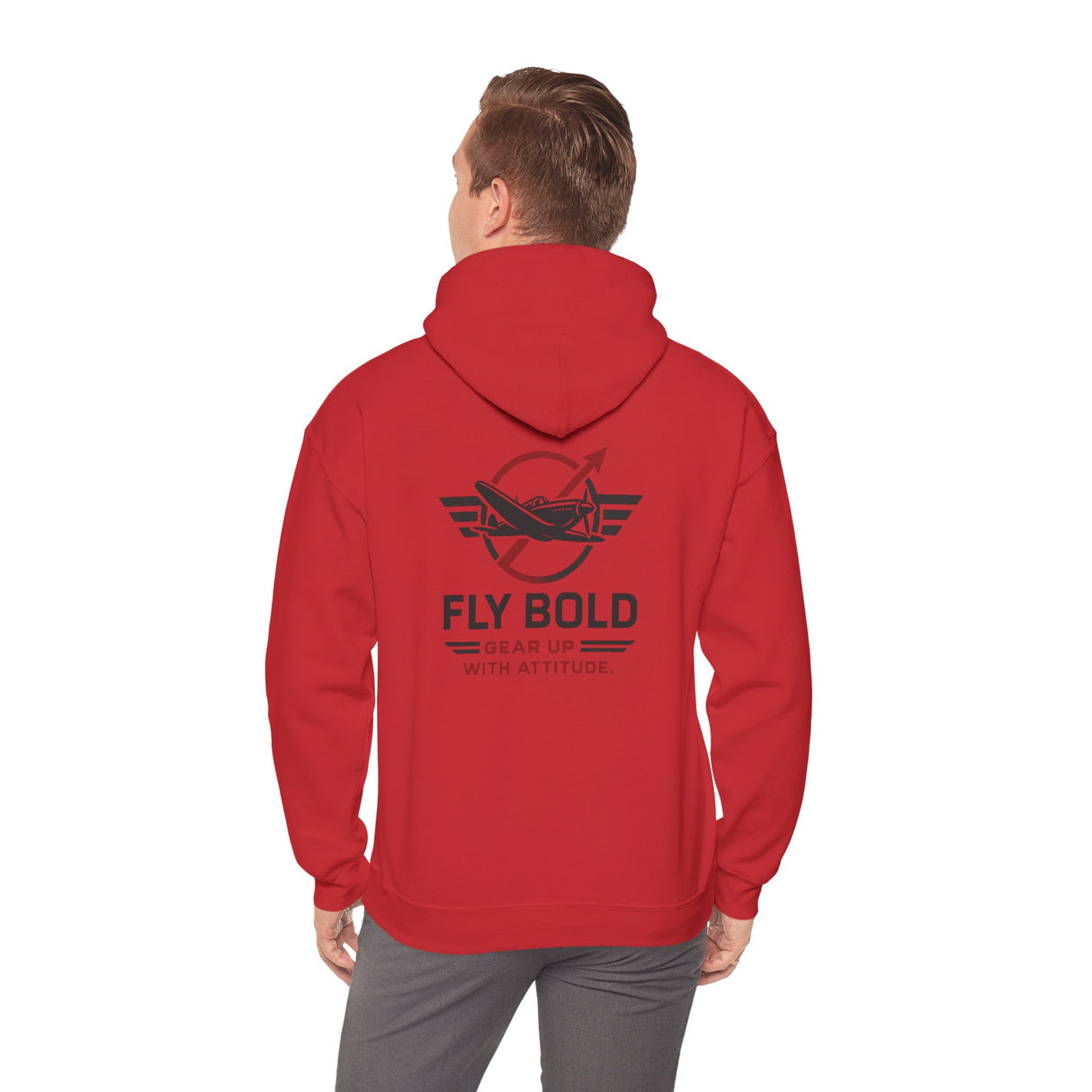 Back view of Fly Bold Hoodie displaying bold aviation emblem and jet silhouette.