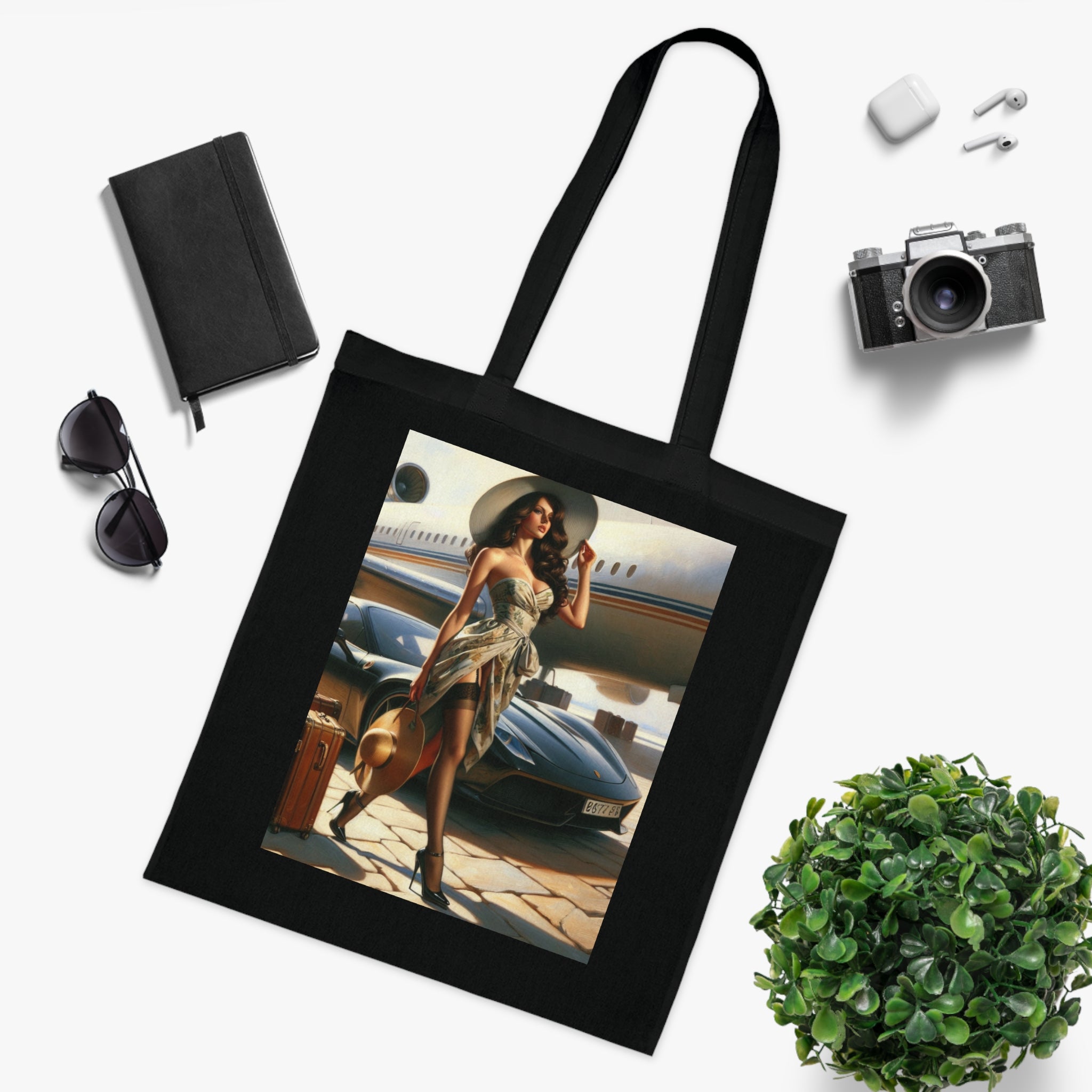 Chic Travel Cotton Tote Bag displayed at the beach, showcasing its lightweight and chic qualities.