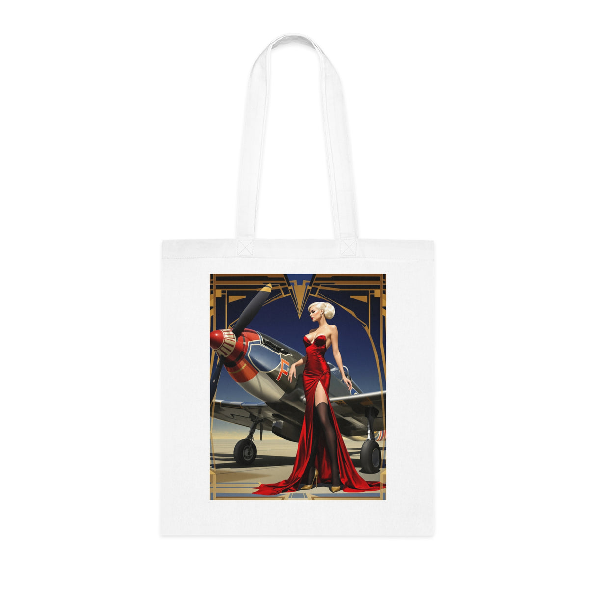 Close-up view of the Vintage Pin-Up Plane Tote — Red Dress Aviation Cotton Tote Bag showcasing the intricate art-deco design of the glamorous figure.