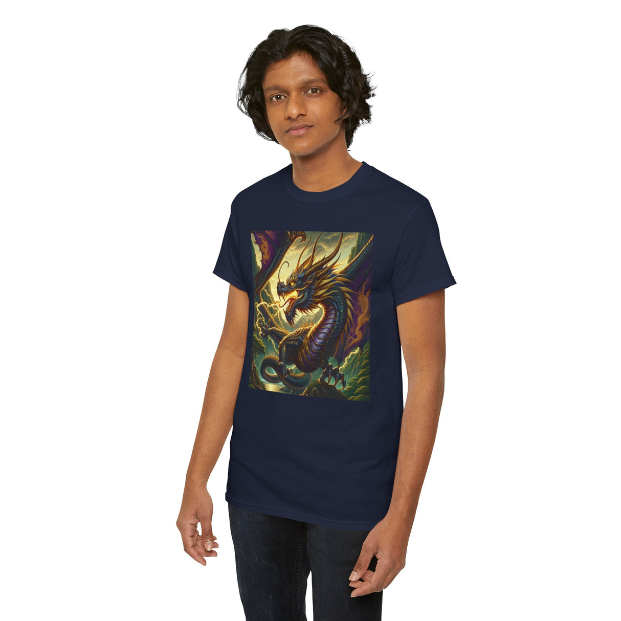 Dynamic scene of a person wearing Dragon Compass Graphic Tee while exploring nature, highlighting the adventurous spirit.