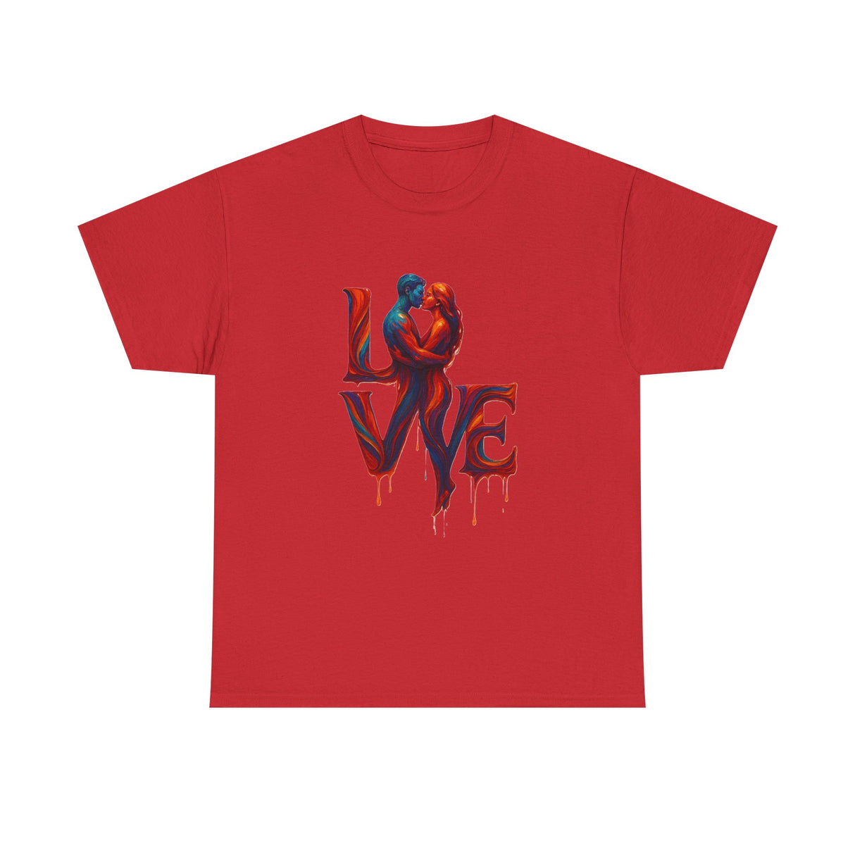 Hanging display of LOVE Couple Silhouette T-Shirt — Romantic Dripping Love Design emphasizing the artistic print at the chest.