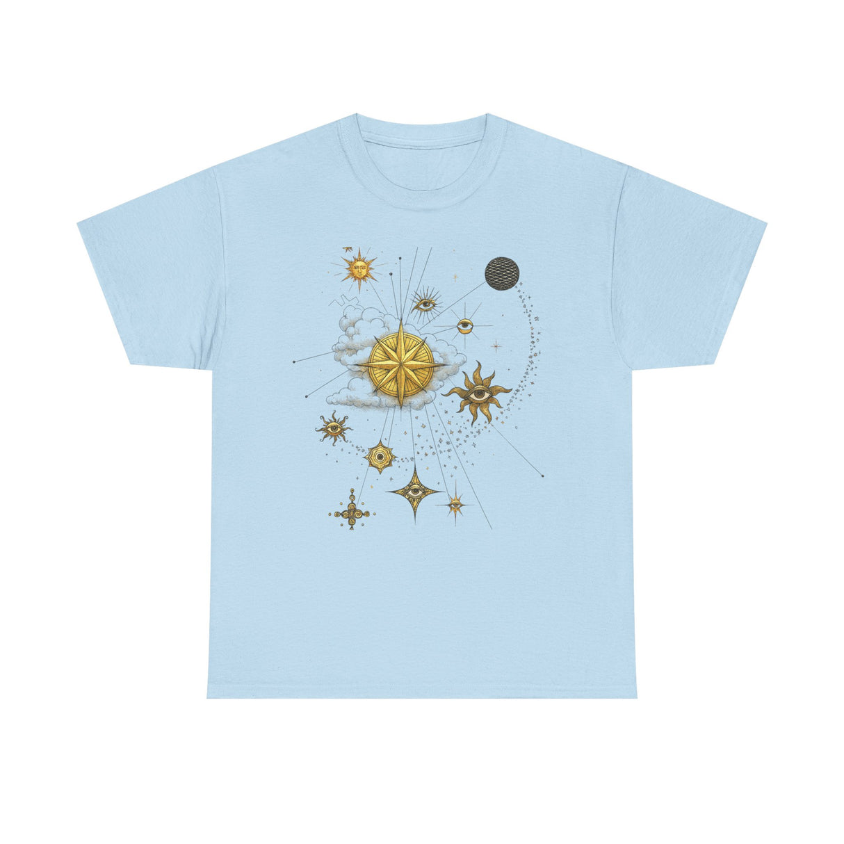 Celestial Compass Tee — Gold Star & Moon Astrology Graphic Shirt in a relaxed fit, perfect for casual wear.