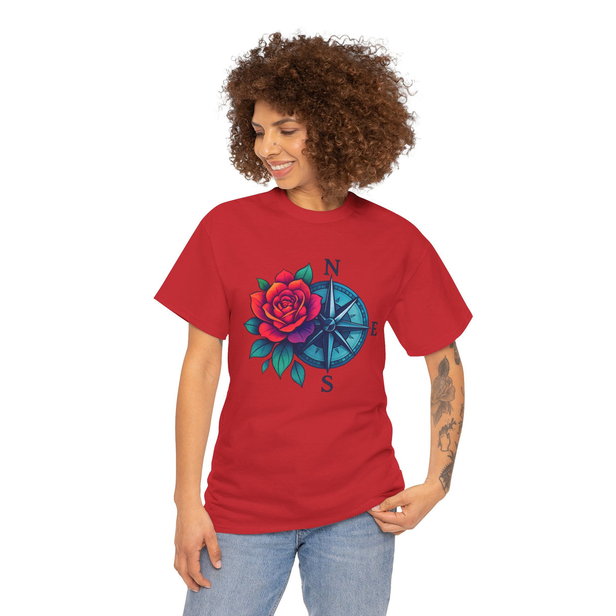 Stylish and casual look with the Compass Rose Tee — Red Rose Nautical Compass Graphic T-Shirt, ideal for all occasions.