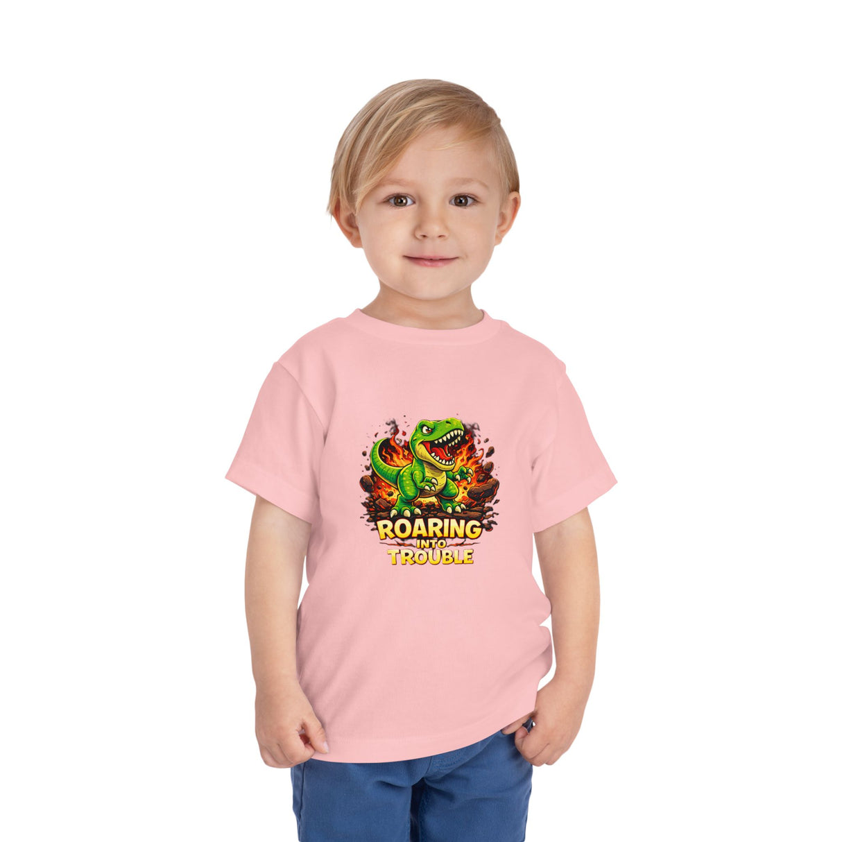 Toddler Tee — "Roaring Into Trouble" Dinosaur Graphic Shirt