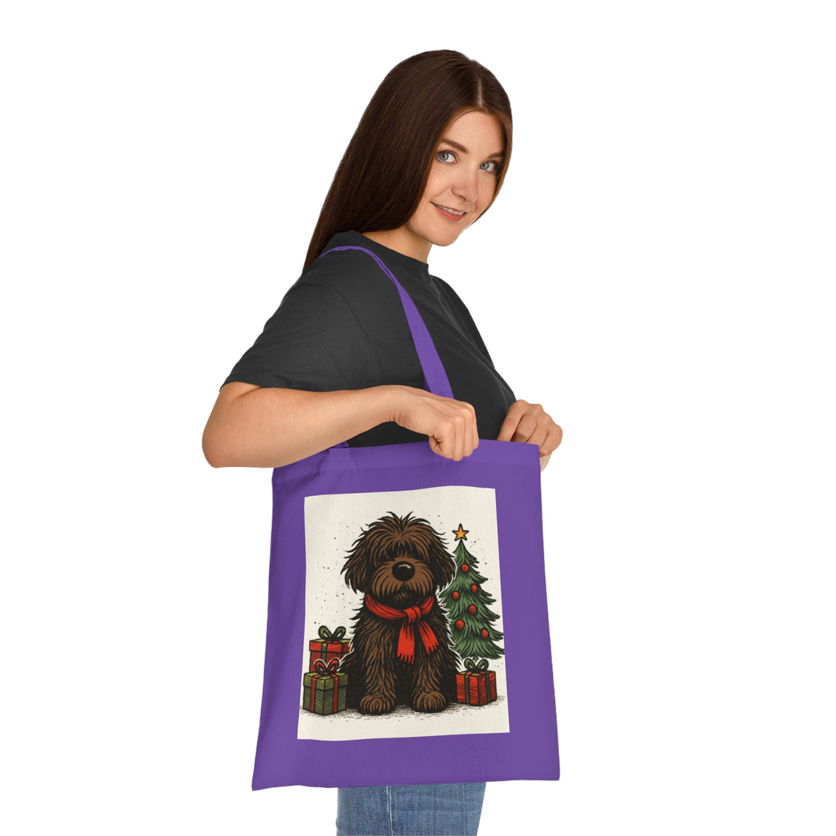 A stylish Christmas Dog Tote Bag featuring a fluffy dog, perfect for winter gatherings.