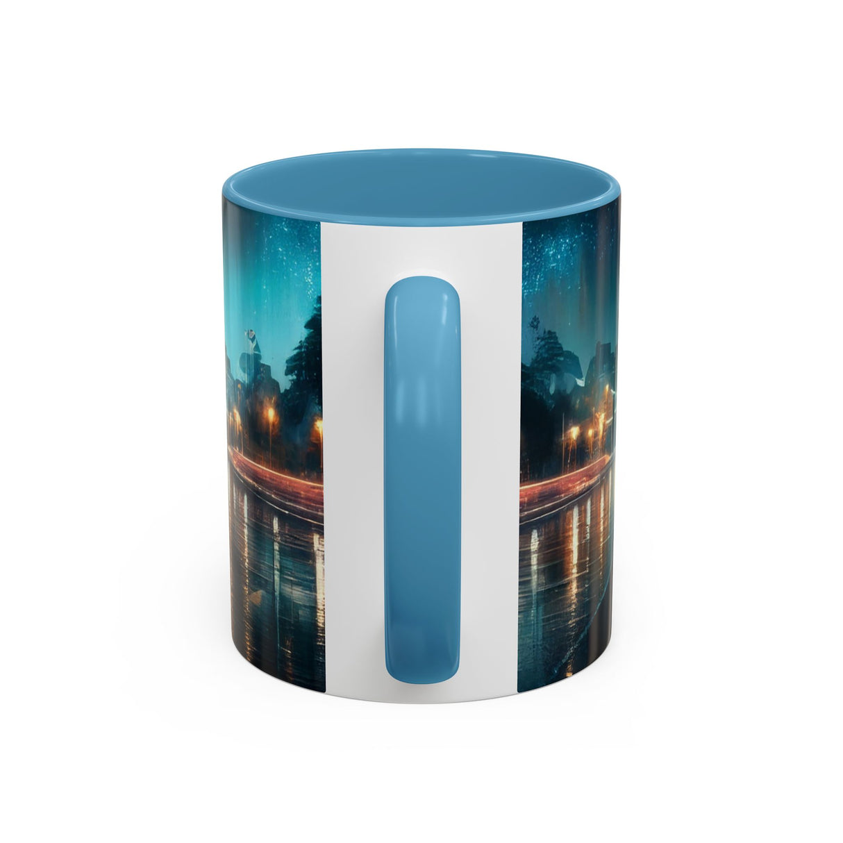 Glamorous Cityscape Coffee Mug shown with flowers, perfect combination for art lovers and coffee drinkers.