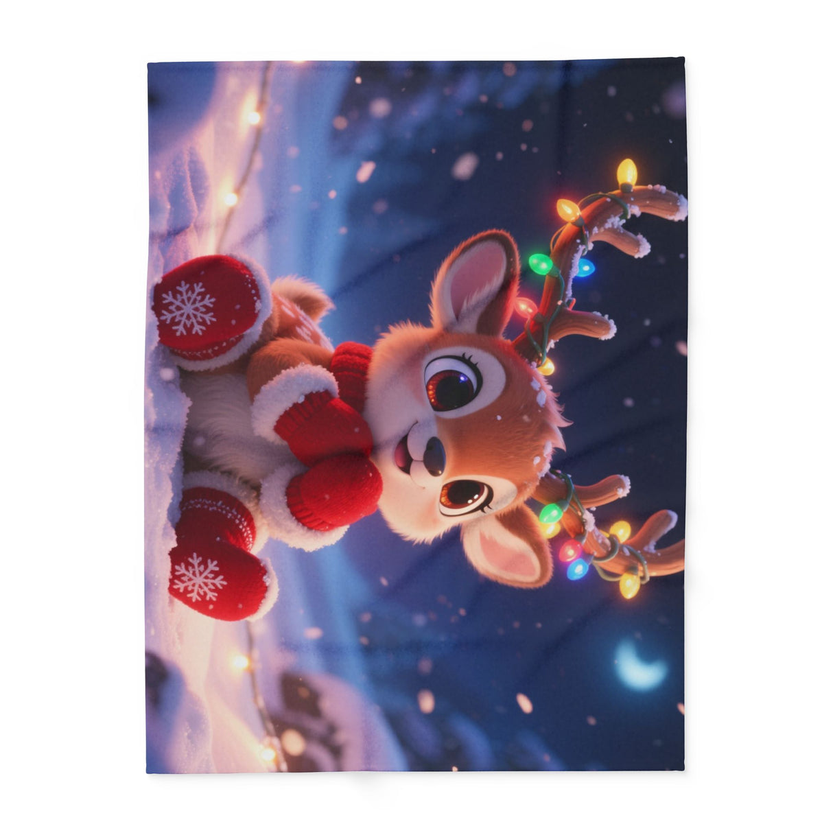 Cute Reindeer Fleece Blanket - Holiday Christmas Cozy Throw for Kids with hemmed edges in a cozy setting.