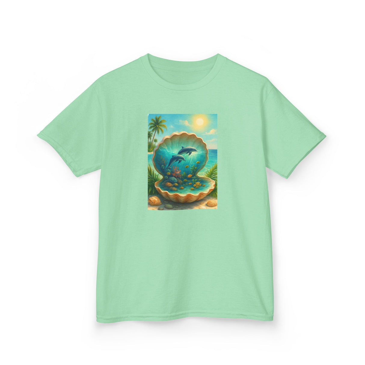 Outdoor photo of the Kids Tee — Ocean Pearl Dolphin Shell Beach Graphic showcasing vibrant colors in natural light.