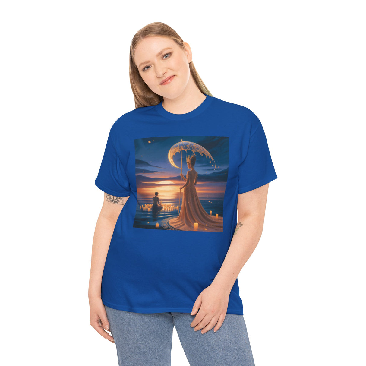 Romantic Moonlit Couple T-Shirt — Sunset Fantasy Illustration Tee styled with casual jeans, perfect for relaxed outings.