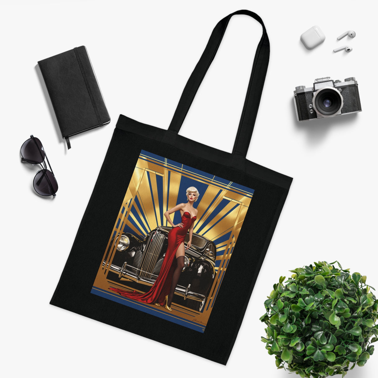 Vintage Glamour Cotton Tote Bag displayed with stylish accessories.