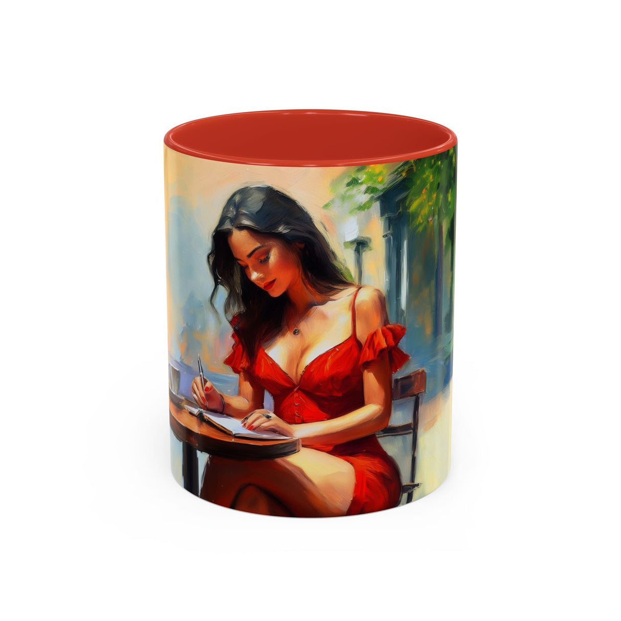 Artistic Red Dress Accent Coffee Mug - 11oz in a cozy kitchen setting among other colorful dishes