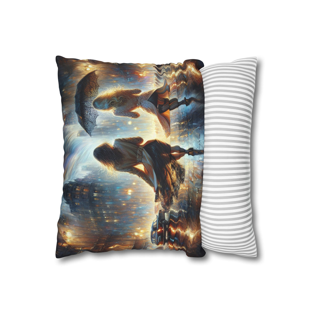 Living room setup featuring the Rainy Night Stroll Decorative Pillowcase on a sofa, adding a cozy atmosphere with its vibrant city scenery, 16" × 16".