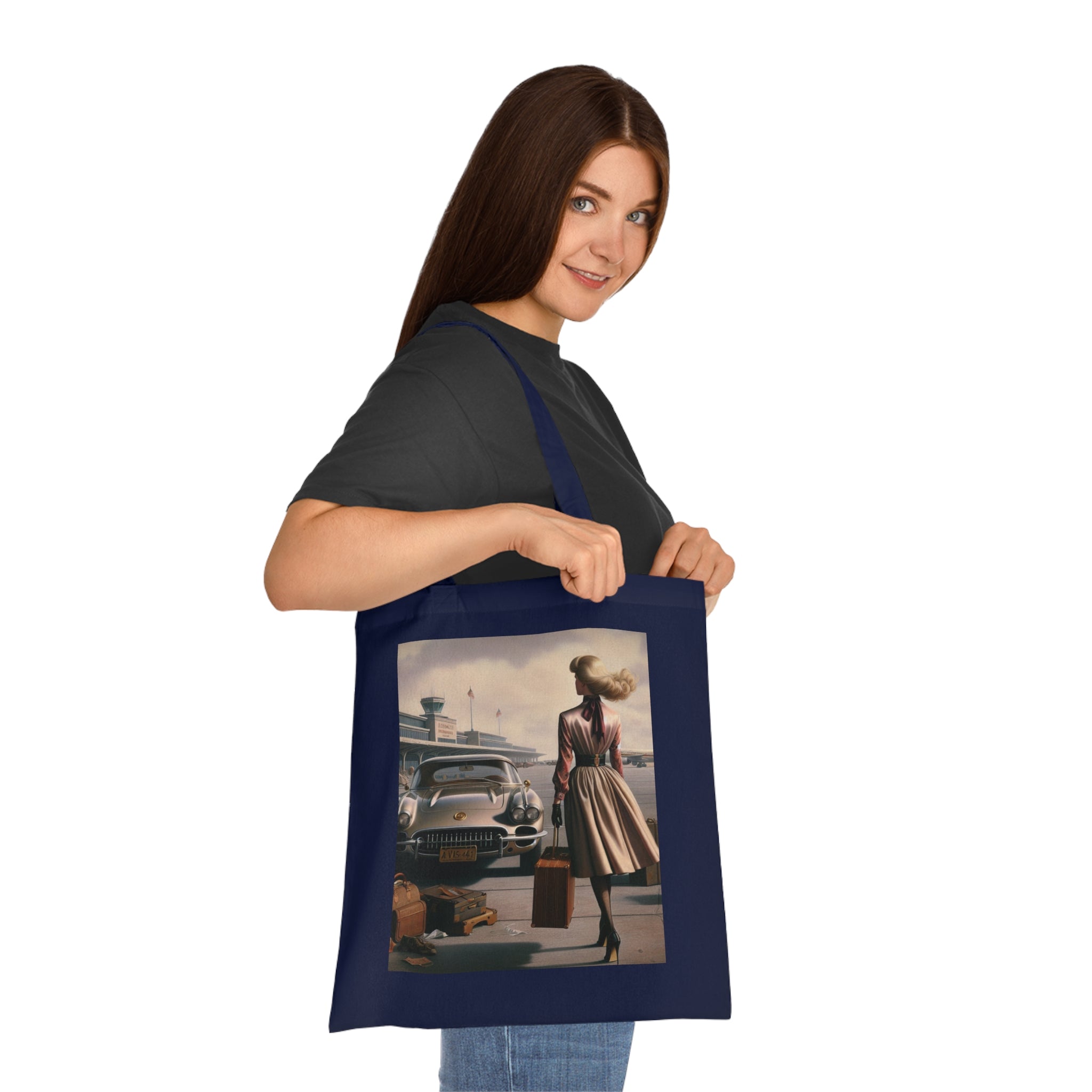 Vintage Travel Cotton Tote Bag with plants in it, perfect for eco-friendly shoppers.