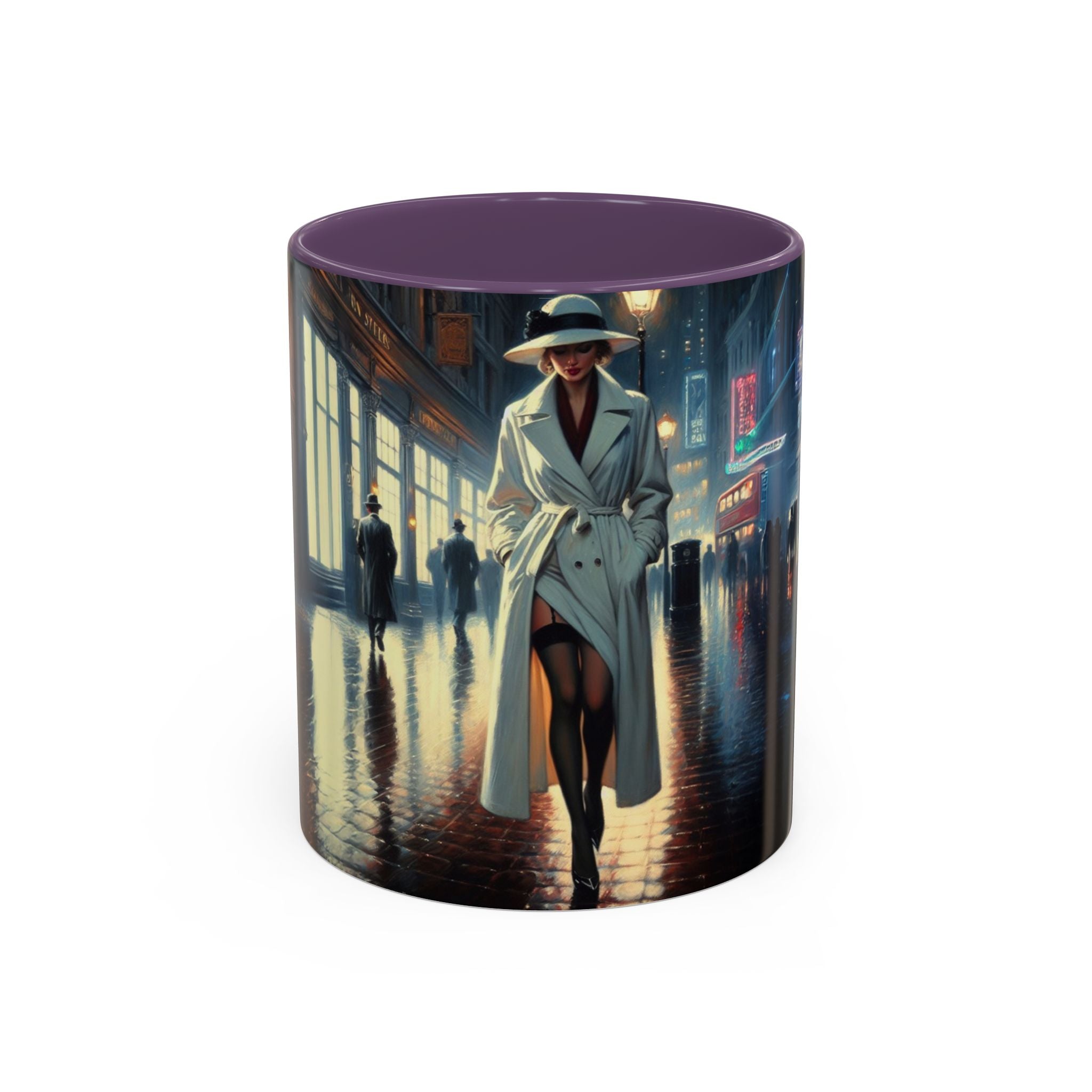 Elegant Urban Nightlife Coffee Mug next to a dessert, illustrating a trendy coffee setting.