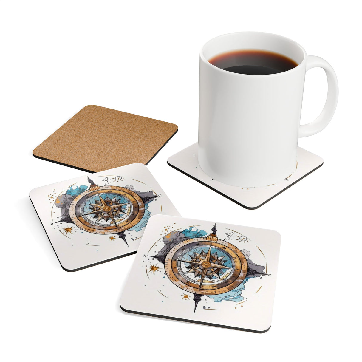 Nautical Compass Cork Coaster Set displayed on a dining table, ideal for casual gatherings or formal dinners.