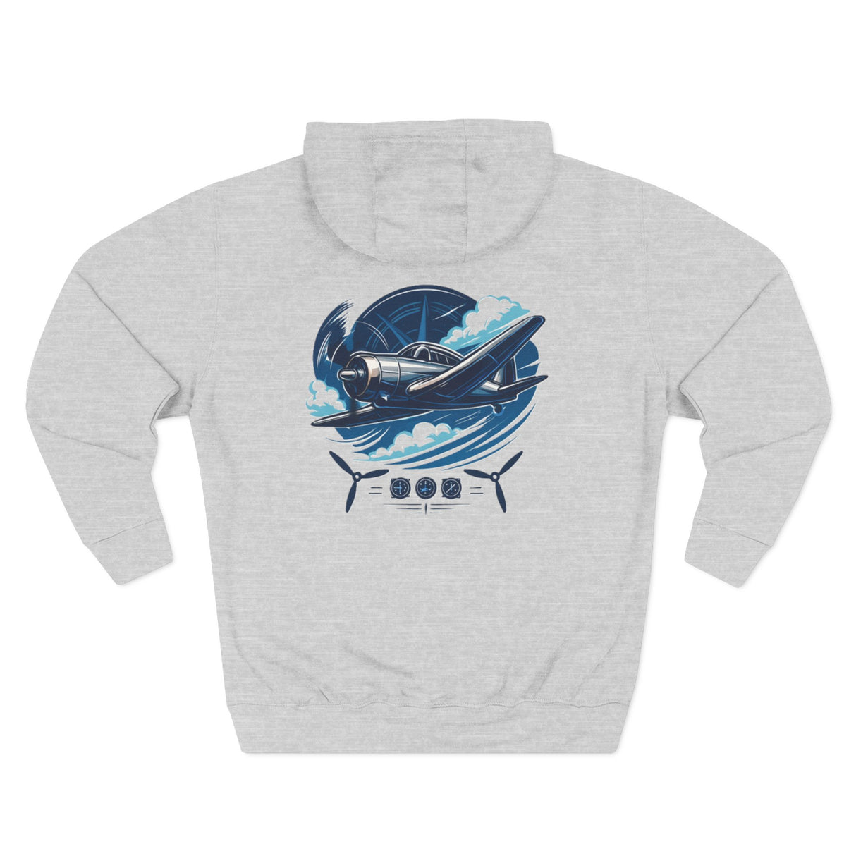 Close-up of Aviator Three-Panel Hoodie showcasing the detailed aviation-inspired graphic design.