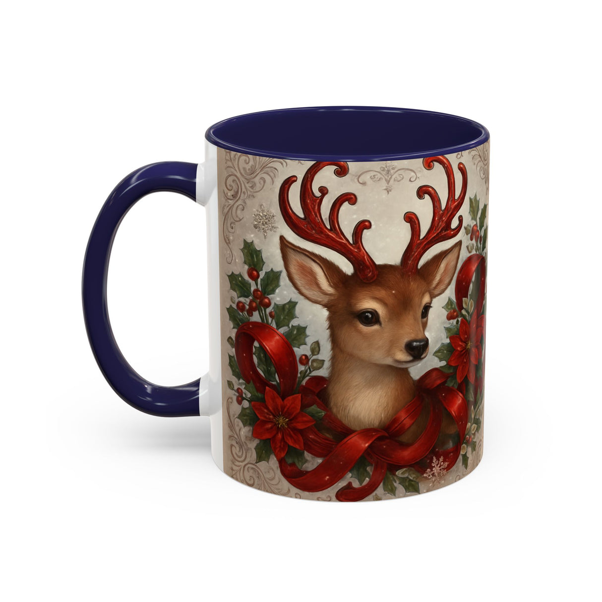 Elegant display of the Christmas Reindeer Coffee Mug among winter-themed decorations.