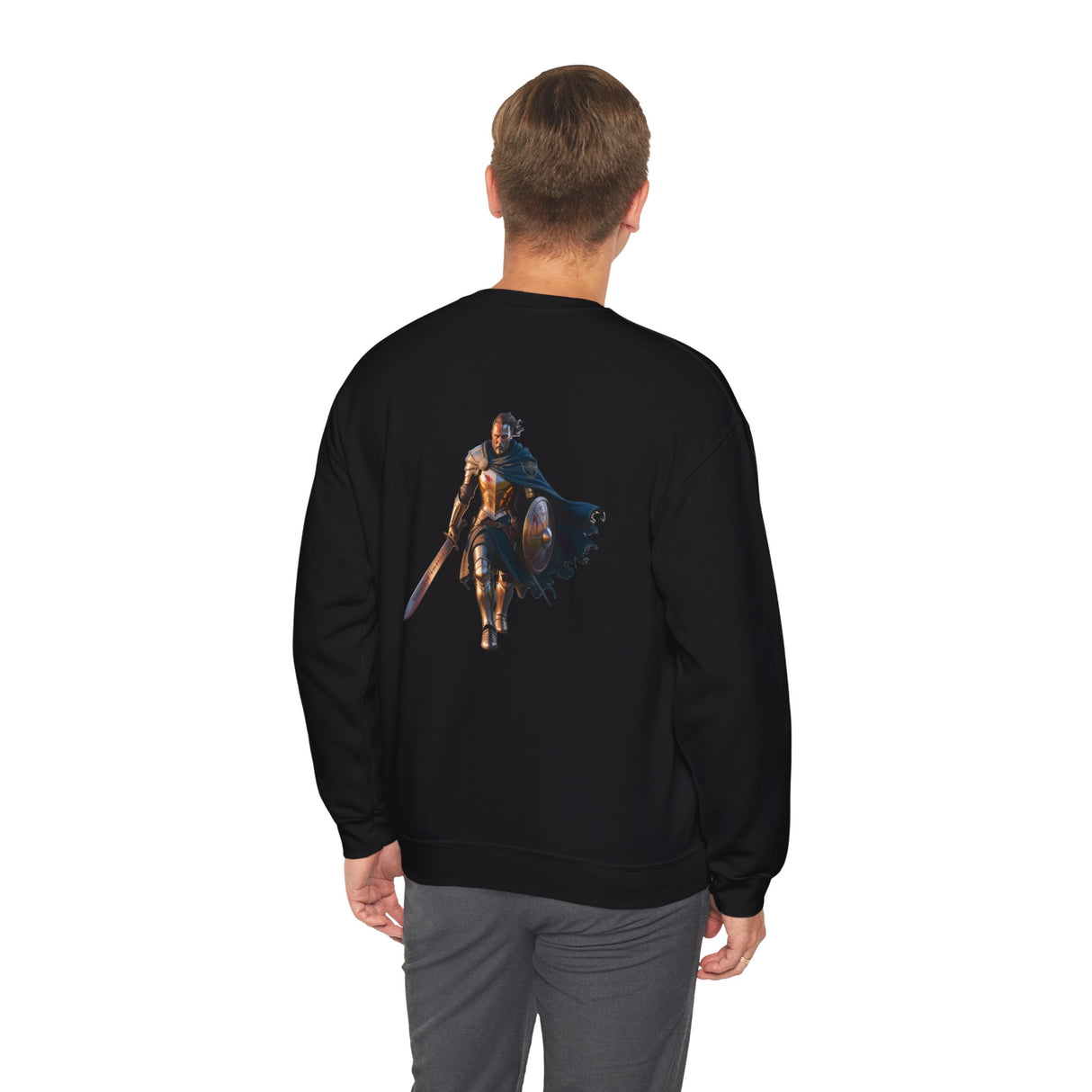 Crewneck Sweatshirt — Medieval Knight & Eagle Graphic folded neatly, showcasing its durable fabric.