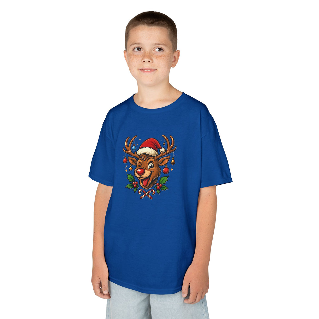 Kids Christmas Reindeer Tee — Cute Santa Hat Rudolph Holiday Shirt representing festive spirit and holiday cheer.